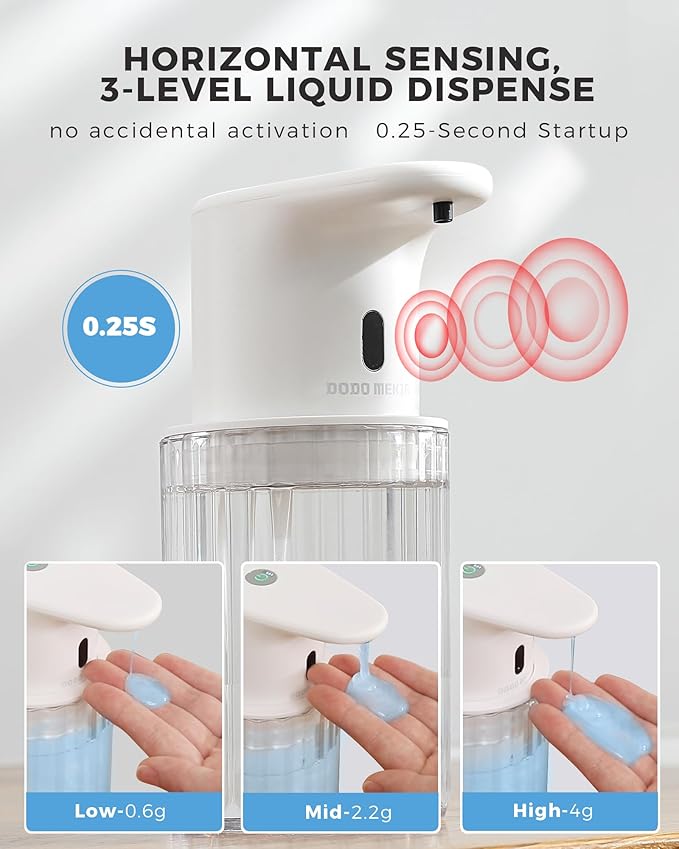 Automatic Liquid Soap Dispenser Touchless, 10oz/300ml Rechargeable, 3 Adjustable Liquid Levels, IPX5 Waterproof, for Kitchen Bathroom, White