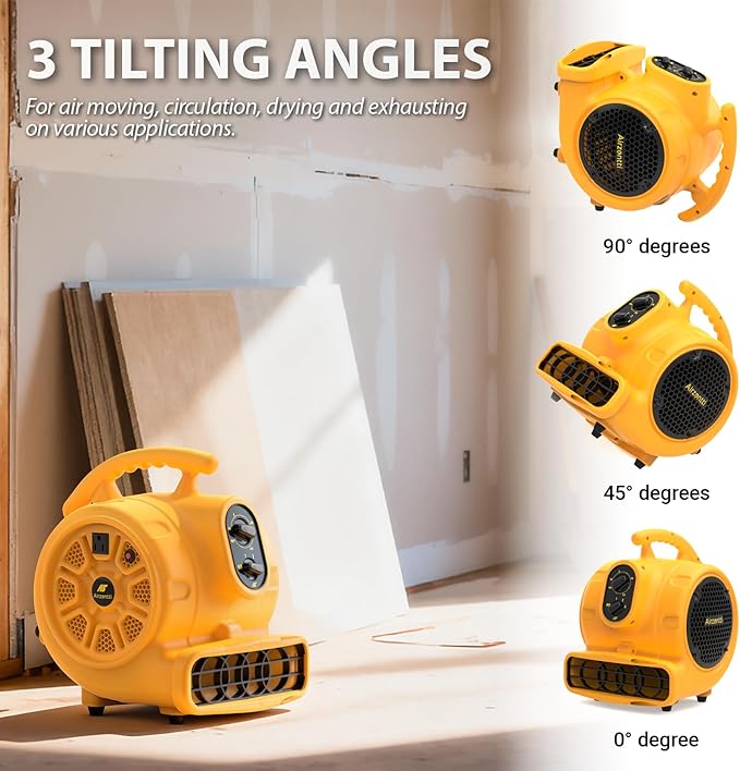 Air Mover, 1100 CFM 1/4 HP 200W Blower Fan, Floor Fan Heavy Duty with 3 Speeds and Timer, Stackable Air Blower, Utility Fan for Carpet, Floor Drying and Water Damage Restoration, YELLOW