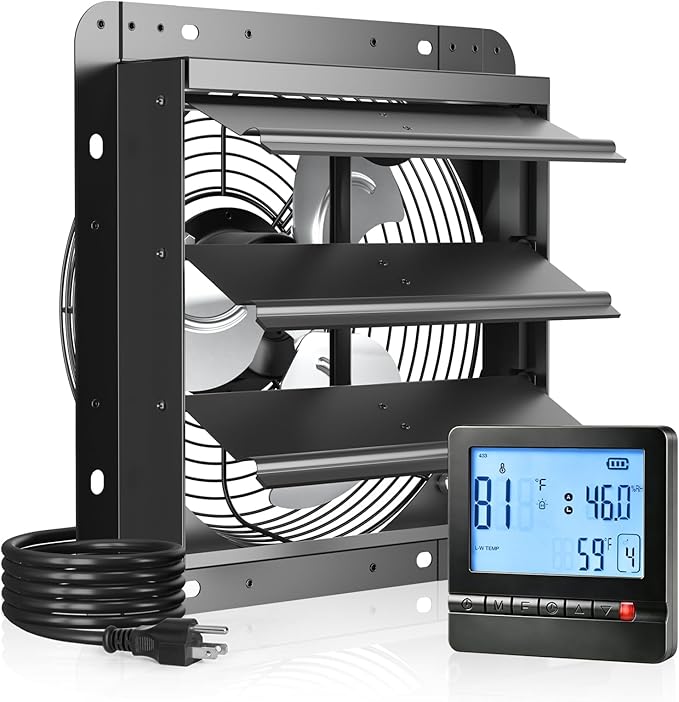 Amico 10" Shutter Exhaust Fan with Thermostat And Humidity Remote Control, 1068 CFM Attic Fan with 8-Speed Auto Adjust, 13W Brushless DC Motor Vent Fan for Greenhouse, Garage, Chicken Coop, Gable Wall