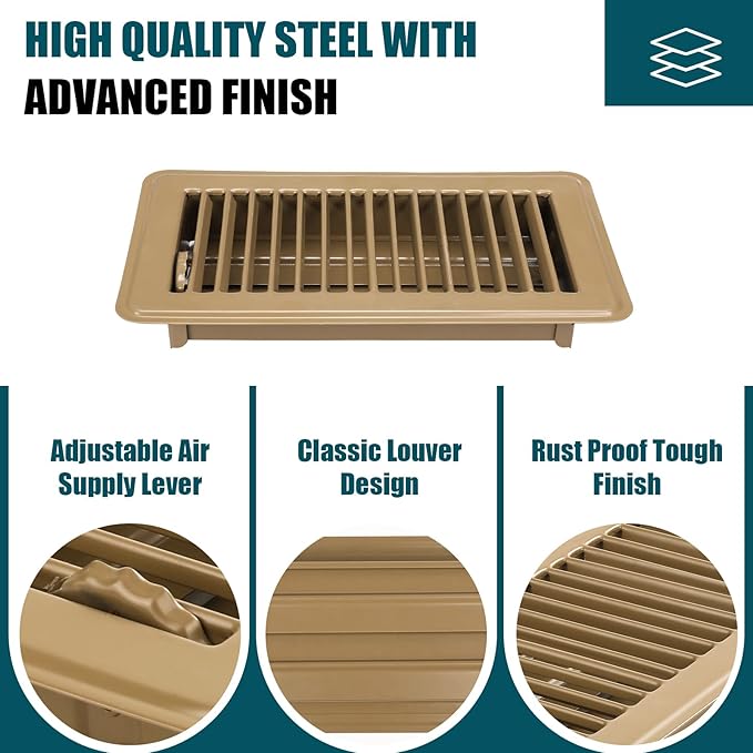 VOISEN Floor Register 4x8, 4 Pack Floor Vent Covers, Steel Adjustable Air Supply Grille Register Vent Cover Grill for Sidewall and Floor, Vent Covers for Home Floor,Brown