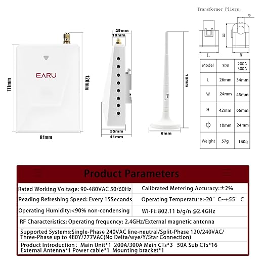 Smart Home Energy Monitor with 16 50A and 3-200A Circuit Level Sensors Real-Time Accurate Power Energy Consumption Tracking WiFi Meter SolarNet Metering2.4 GHz WiFi