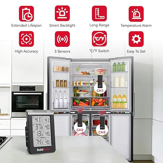 Wireless Freezer Monitor with 3 Sensors, 328ft Long Range Digital Refrigerator Thermometer with Min/Max Temp and Smart Adjustable Backlight, for Home, Garage & Breast Milk, Black