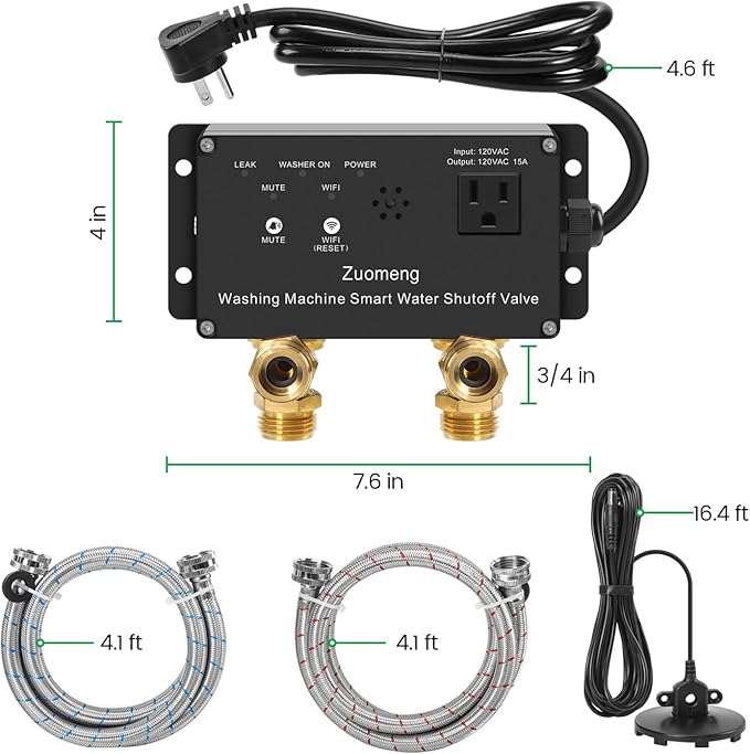 WiFi Smart Water Shutoff Valve with Leak Sensor, 3/4" Brass Valve & Extra Hose, Effortless Remote Control and Real-Time Water Leak Alerts via App