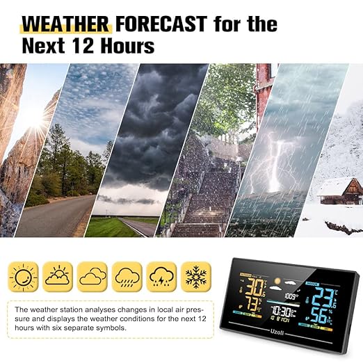 Uzoli EM3405 Wireless Weather Station Indoor Outdoor Thermometer with Remote Sensor, Color Display Home Weather Station with Weather Forecast, Atmospheric Pressure Monitor, Weather Alert
