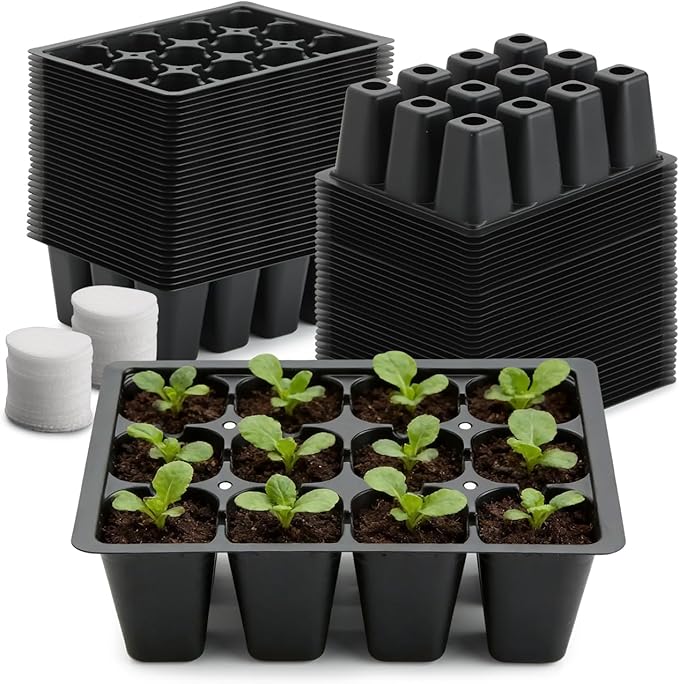 RooTrimmer 60 Pack Reusable 12-Cell Seed Starter Tray, Plant Starter Trays with Large Drainage Holes for Seed Germination, Easy to Repotted, Fits Standard 1020 Flats and TD377 Trays, Black