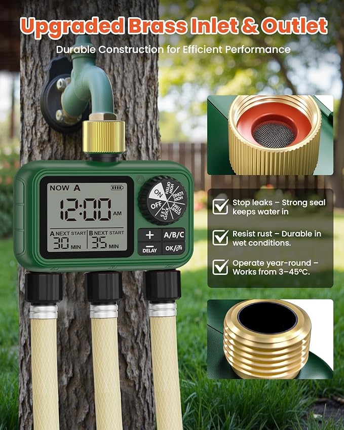 3 Zones Brass Inlet & Outlet Water Timer for Outdoor Garden Hose, Sprinkler Timer for Garden Faucet with Auto/Manual/Rain Delay Mode, Sprinkler Irrigation Controller for Yard Lawn