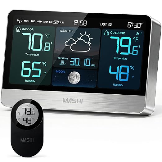 MASHI Weather Station with 8.8" Color Display, Wireless Indoor Outdoor Thermometer Hygrometer, Atomic Clock, Accurate Weather Forecast, 5-Level Brightness,Easy for Seniors, Bedroom, Garden, Kitchen