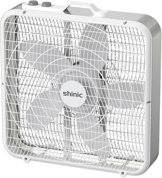 shinic 20” Box Fan with Thermostat for Bedroom, 3-Speed Portable Floor Fan with Carry Handle, Powerful Airflow, 5 Blades, Window Fan and Cooling Fan for Home, Office, Garage, Basement, White