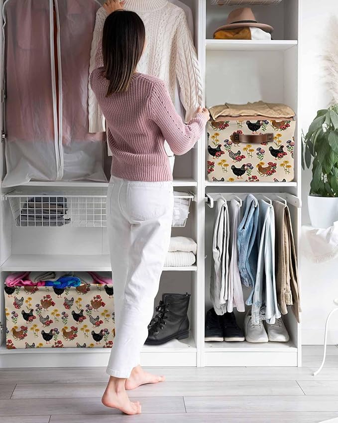 Farmhouse Rooster Storage Bins Cubes Waterproof Cloth Storage Basket, Vintage Watercolor Flowers Beige Foldable Storage Bags for Shelf Closet Clothes Storages Organizers with Handles 15x11x9.5 in 1PCS