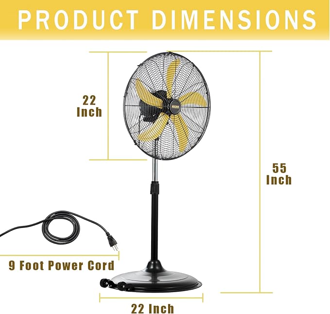 HiCFM 20" Industrial Pedestal Fan Oscillating, 5200 CFM Industrial Fans Heavy Duty with 3 Speed, Stand up Fans with Poweful Motor, UL Listed for Commercial Workshops Warehouse Garage
