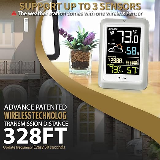 Indoor Outdoor Thermometer Wireless Weather Stations, with 330ft Range Sensor and Adjustable Brightness Inside Outside Temperature Humidity Monitor (Multi)