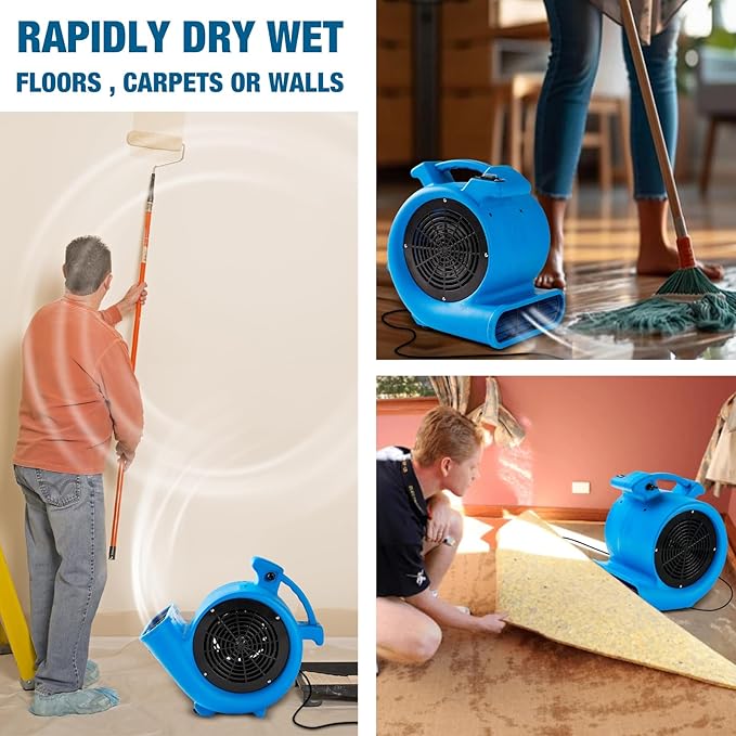 Mounto 1/2hp Air Mover Floor Drying Blower Fan - Powerful 1/2HP Motor Carpet Dryer, 2200 CFM Air Flow, Lightweight Design, 2-Speed Settings for Drying, Cooling & Circulation