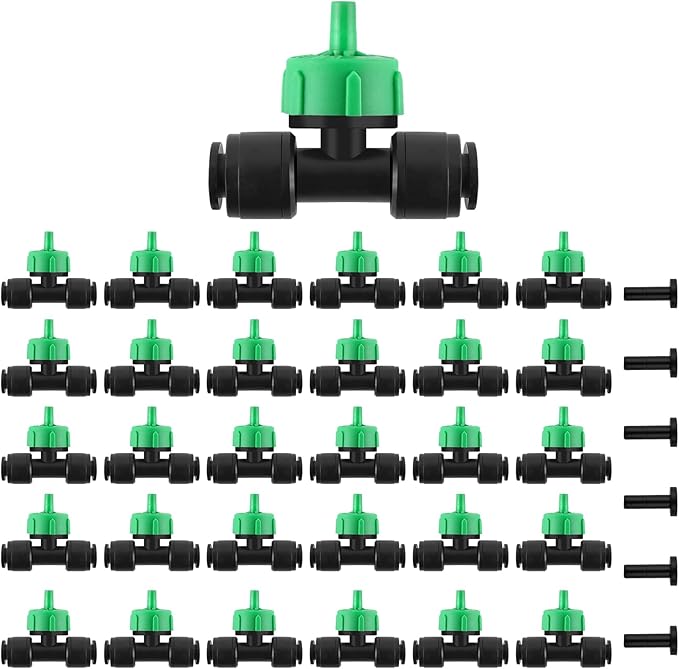 Kalolary 30Pcs Push-to-Fit Drip Irrigation Emitters 1 GPH Pressure Compensating Drippers with Constant Water Flow Drip Irrigation System Parts for 1/4 Inch Irrigation Tubing with 6PCS End Plugs(Green)