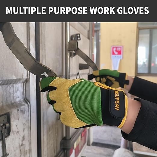 Utility Outdoor Safety Work Gloves,Working Glove,Split Leahter with Padded Knuckles & Palm,Green+Yellow,Large