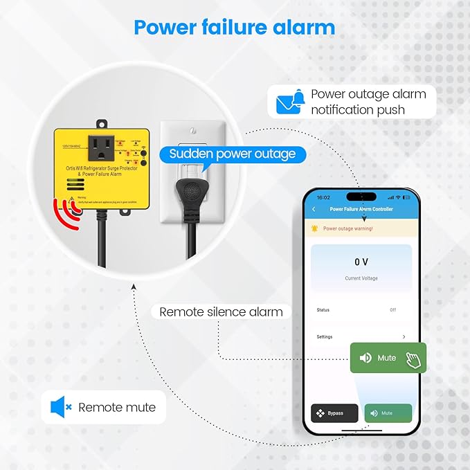 Wi-Fi Smart Power Failure Alarm with Surge Protector, Remotely Monitor and Control Your Refrigerator Via App, Ensuring The Safety of Refrigerator and Food Stored Inside, Yellow