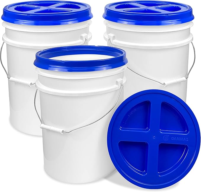 ePackageSupply 5 Gallon Bucket - Food Grade Bucket with Airtight Gamma Seal Screw-On Lid, BPA-Free, Heavy-Duty 90 Mil HDPE Plastic, Bulk Storage, Durable Container, Made in USA, White/Blue, 3 Packs