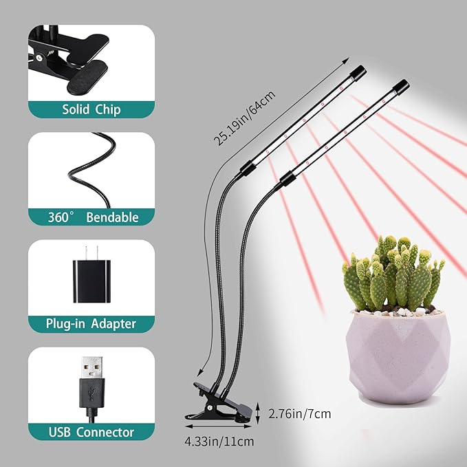 Full Spectrum Plant Growing Lamps 2 Pack, 168 LEDs Clip Lights, White + Red Spectrum, 4/8/12h Timer, 3 Modes, 10 Dimmable Levels, Flexible Gooseneck, for Indoor Plants