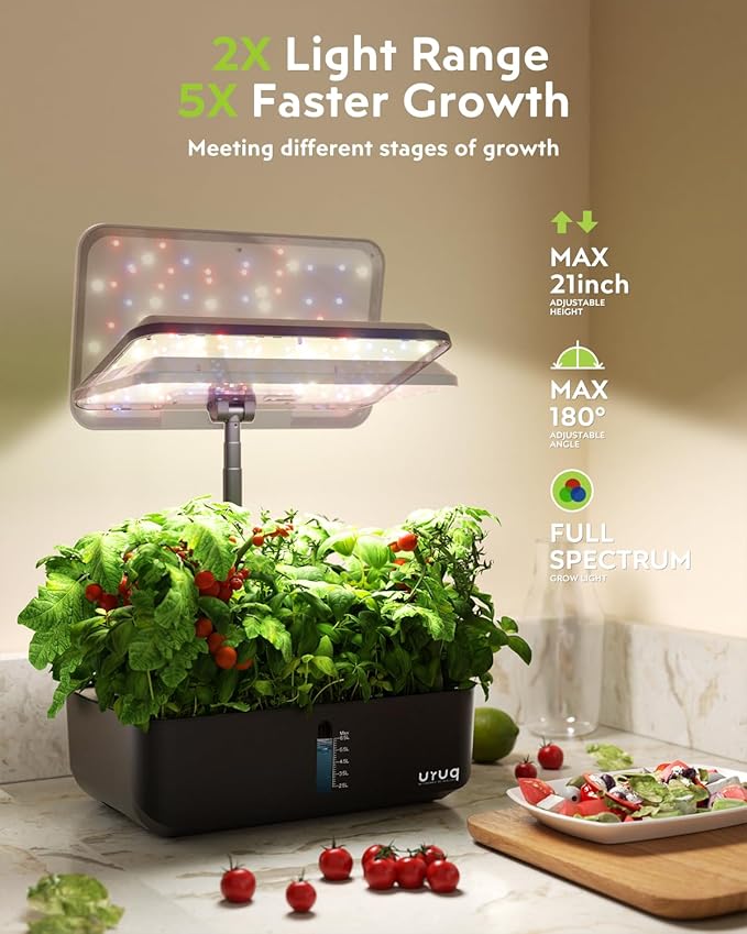 URUQ Hydroponics Growing System Garden: 12 Pods Indoor Gardening System with Custom Time Grow Light Height Adjustable Quiet Plants Germination Kit - Gardening Gifts Charcoal