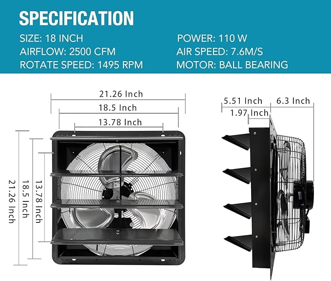 VENTISOL 18 Inch Shutter Exhaust Fan Wall Mounted, Aluminum with 1.65 Meters Power Cord Kit,High Speed 2500CFM, Ventilation Fan for Garage,Greenhouse,Attic,Shed,Shop,Black