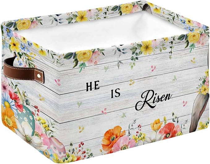 Easter Storage Bins Cubes Waterproof Cloth Storage Basket,Spring Farmhouse Vintage Bunny Flower Wood Grain Foldable Storage Bags for Shelf Clothes Storages Organizers with Handles 15x11x9.5 in 1PCS