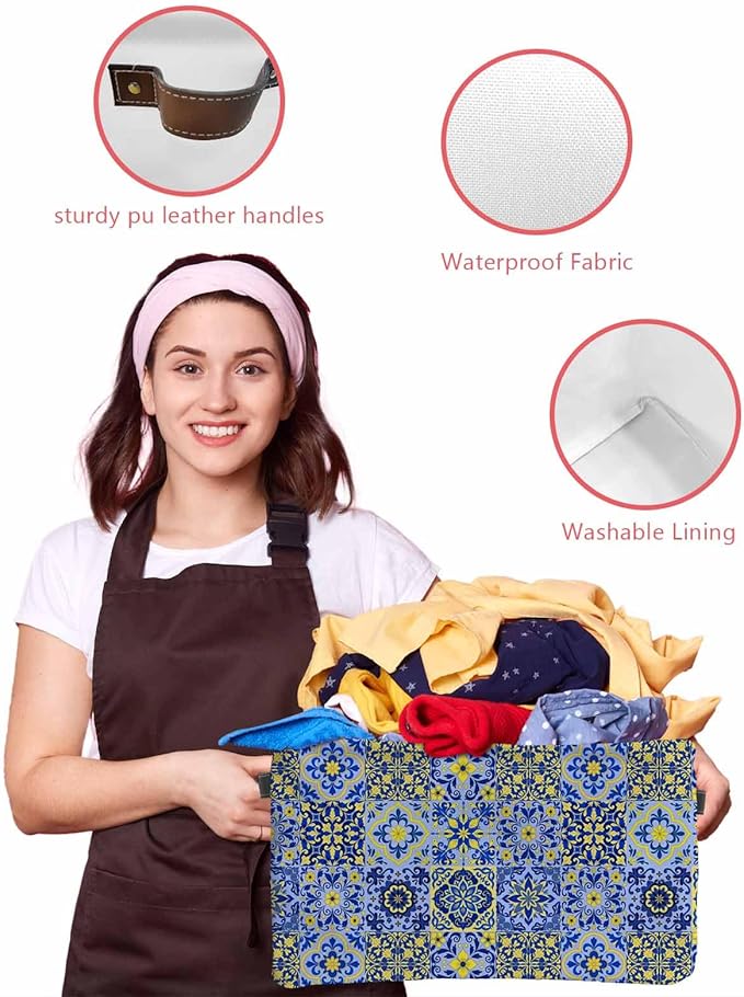 Vintage Boho Storage Bins Cubes Waterproof Cloth Storage Basket,Middle Century Bohemia Style Patchwork Blue Foldable Storage Bags for Shelf Clothes Storages Organizers with Handles 15x11x9.5 in 1PCS