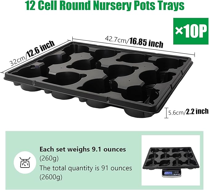 RooTrimmer 12 Cell Round Nursery Pots Trays Thickened Durable Seedling Pots Shuttle Carrying Trays for Holding 4 inch Nursery Pots (16.85" × 12.6", 10-Pack)