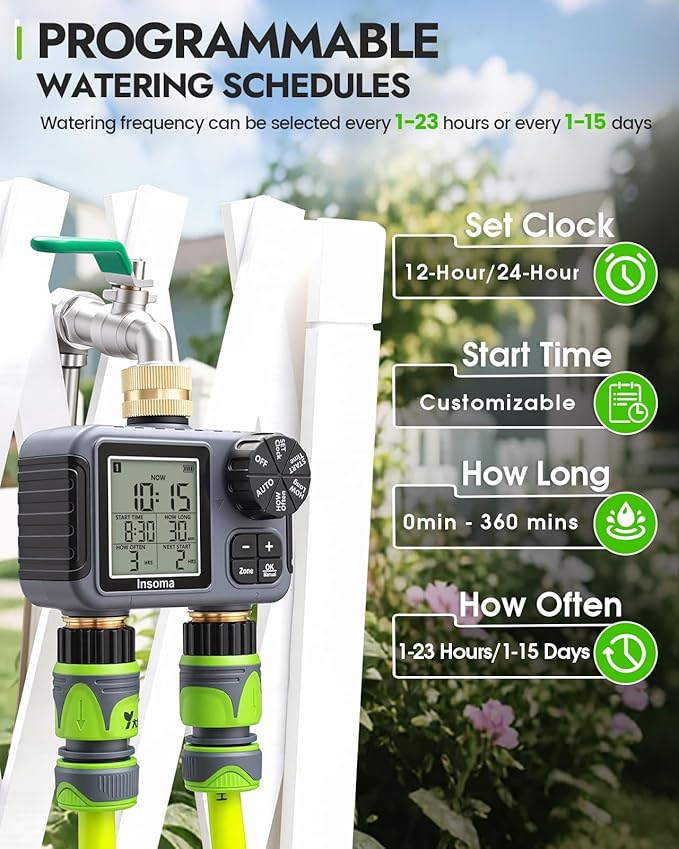 Insoma 2-Zone Sprinkler Timer Brass Inlet/Outlet, Water Hose Timer with Auto/Manual Modes + Rain Delay | Big LCD Dispay | Hose Timers for Garden, Yard Lawn, IPX5 Waterproof & Save Water