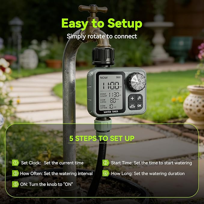 CMARS Sprinkler Timer for Garden Hose, Programmable Water Timer with Rain Delay & Manual Mode, Automatic Drip Irrigation System, Outdoor Hose Timers for Lawn Yard Watering, 1 Outlet