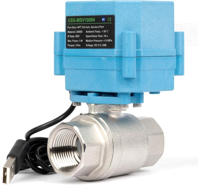 U.S. Solid WiFi Smart Motorized Ball Valve 3/4 inch NPT for Water Control, Irrigation, 2 Way 304SS Electric Valve, USB Powered, Status Indicator, Flow Direction, Remote On/Off Control, NSF Certified