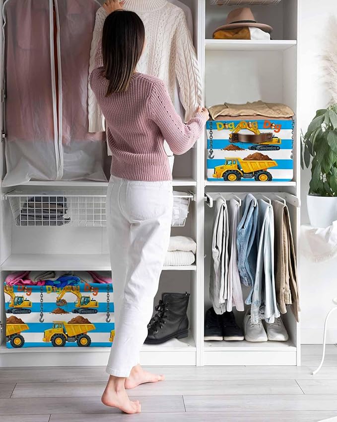 Blue Striped Yellow Truck Storage Bins Cubes Waterproof Cloth Storage Basket, Farmhouse Stripes Modern Art Foldable Storage Bags for Shelf Closet Clothes Organizers with Handles 15x11x9.5 in 1PCS