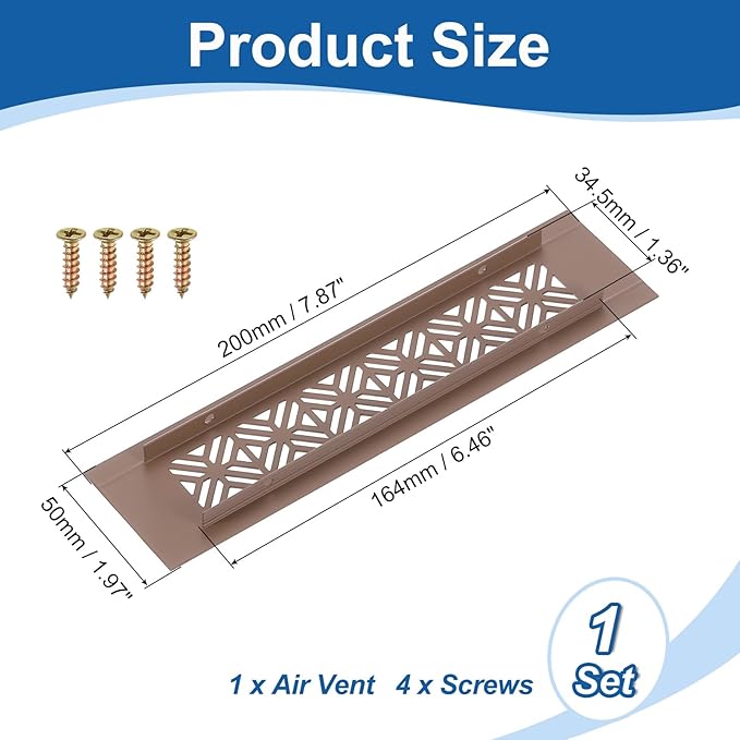 uxcell Aluminum Alloy Air Vents, 200 x 50mm / 7.9 x 2" Rectangle Louvered Ventilation Grille Cover with Mounting Screws for Door Cabinet Wardrobe, Brown