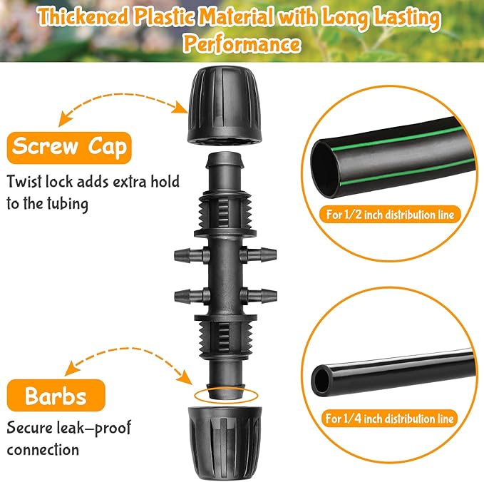 Gardrip Drip Irrigation Fittings for 1/2 Inch to 1/4 Inch Tubing Reducing Tee：1/2" (1/2" ID x 0.65" OD) to 1/4" Anti-Drop Locked Nut Barbed Reducer 6 Way Tee Connectors (12 Pack)