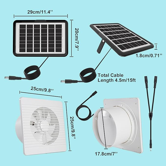 8 Inch Solar Exhaust Fan, Dual Install-Free 25W Solar Panels, Waterproof for Outside, Cloudy Days Working, Solar Powered Fan for Air Circulation in Greenhouse, Pet House, Chicken Coop, Attic