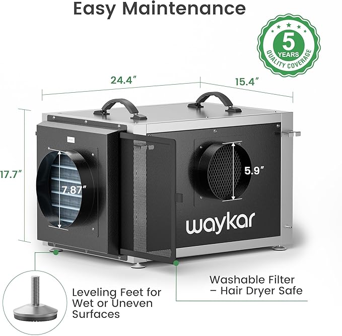 Waykar 158 Pints Crawl Space Dehumidifier with Remote Control and Pump, Dual Duct HVAC Commercial Whole-House Dehumidifier for Basement, Industry Water Damage Unit - 5-Year Quality Coverage