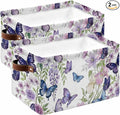 Pink Flowers Storage Bins Cubes Waterproof Cloth Storage Basket,Spring Floral Purple Butterflies Watercolor Foldable Storage Bags for Shelf Clothes Storages Organizers with Handles 15x11x9.5 in 2PCS