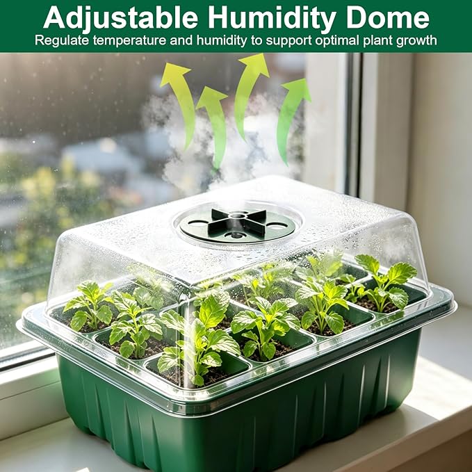 Seed Starter Tray Kit, 12 Pack 144 Cells with Humidity Dome, Reusable Seedling Trays with Drainage Holes, Plant Germination Kit with Labels & Tools for Mini Greenhouse Propagator Indoor Garden