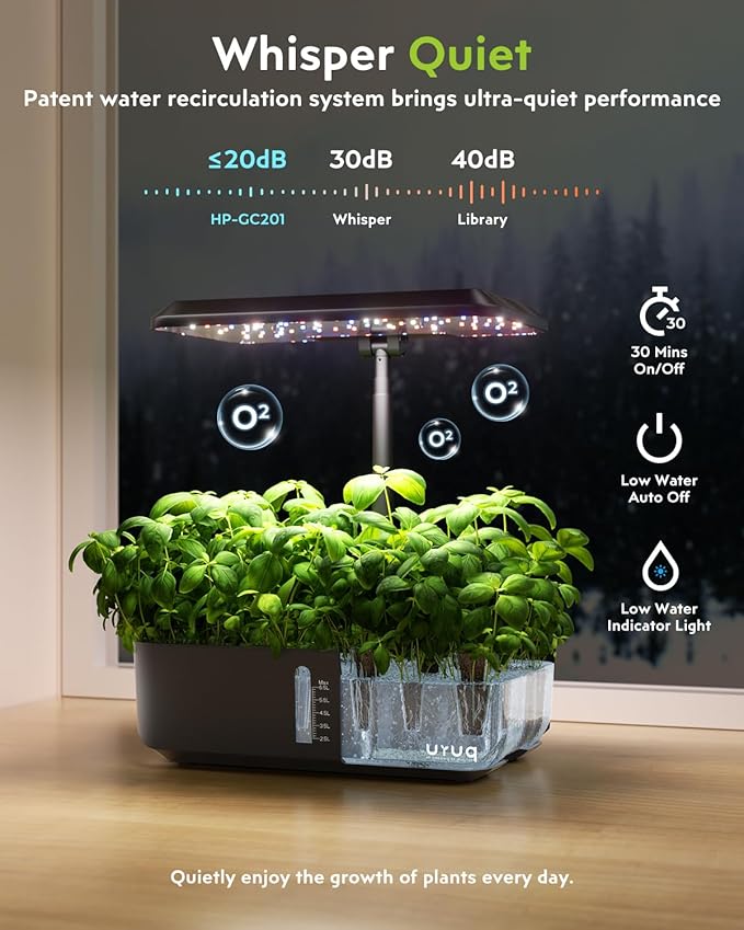 Hydroponics Growing System Indoor Garden: URUQ 12 Pods Indoor Gardening System with LED Grow Light Height Adjustable Plants Germination Kit Quiet Smart Pump - Hydroponic Planter Fresh Harvest Black