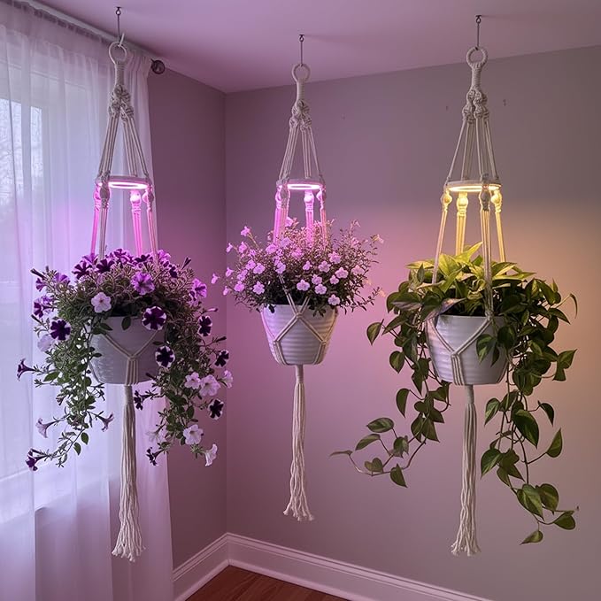 Hanging Plant Grow Lights for Indoor Plants with Timer, Wall Mounted Full Spectrum Pendant Growing Light with Macrame Plant Hanger, Ceiling LED Planta Luz for Potted Plants Home Decor