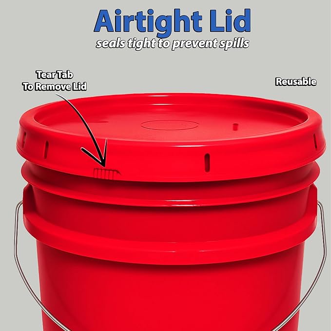 MKS Plastics 5-Gallon Bucket with Airtight Lid – Made in USA, Food Grade BPA Free Plastic, Heavy Duty Multi-Use, Metal Handle with Grip, Stackable Storage – Red, 6 Pack