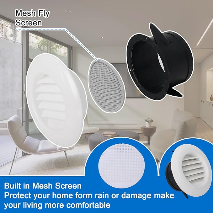 Wadoy Soffit Vents 4 Inch for Exhaust Fan with Screen for Bathroom Exhaust Fan, 4 Packs Round ABS Louver Grille Cover White, Built-in Fly Screen Mesh Eve Dryer Exhaust Vent Cover