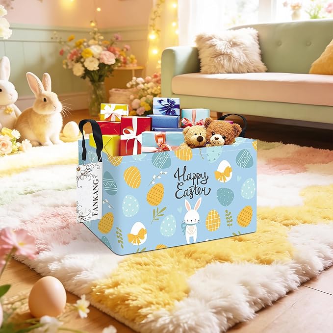 FANKANG Storage Bins,Nursery Hamper Canvas Laundry Basket Foldable with Waterproof PE Coating Storage Baskets for Boys and Girls, Office, Bedroom, Clothes,Toys(Rec-Easter eggs ）