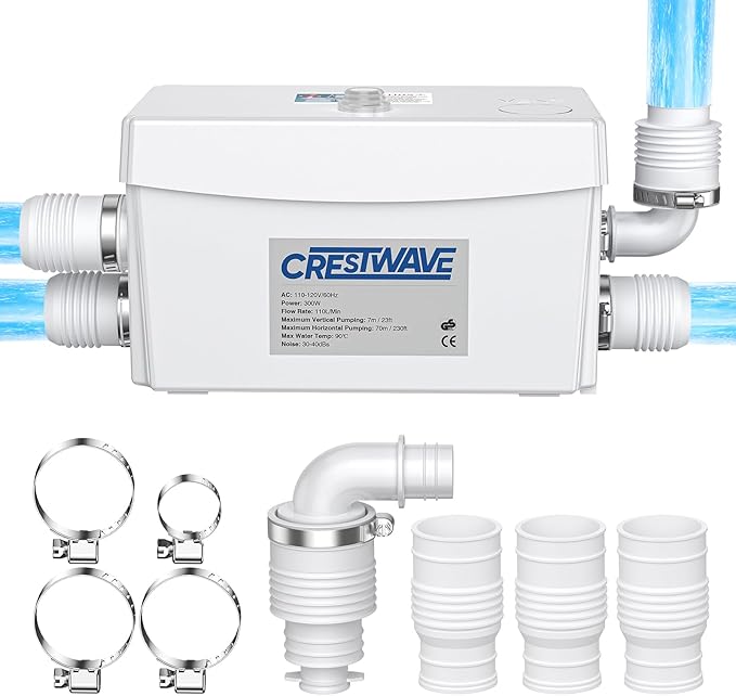 CrestWave Powerful 300W Sink Pump, 23ft Head, 110LPM Flow with 3 Water Inlets - Ideal for Basement, Kitchen, Sink, Shower, Bathtub, Laundry, Waste Water, Boats, RV, Home, Off-Grid Sewage Systems