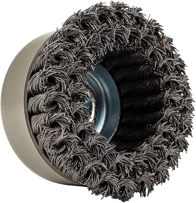 Forney 72868 Wire Cup Brush, Twisted/Knotted Wire, Double Row, Industrial Pro® 4" x .020" Wire with 5/8"-11 Arbor