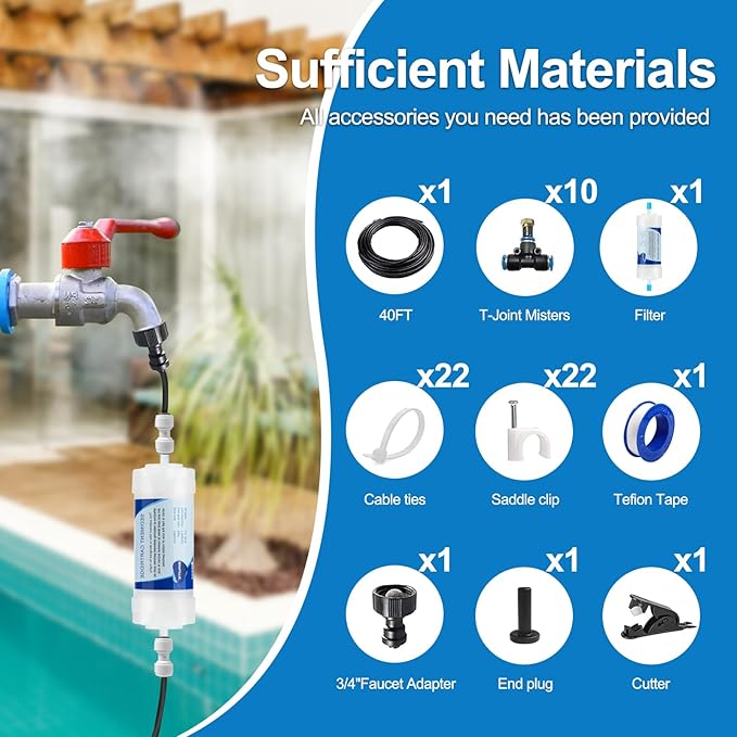 Outdoor Misters for Patio Cooling,Outside Water mister w Filter, 40Ft|12M. Backyard Misting Hose for Garden, Greenhouse, Fan, Deck, Umbrella, Canopy, Pool, Porch, Trampoline Mist,BBQ Party Accessories
