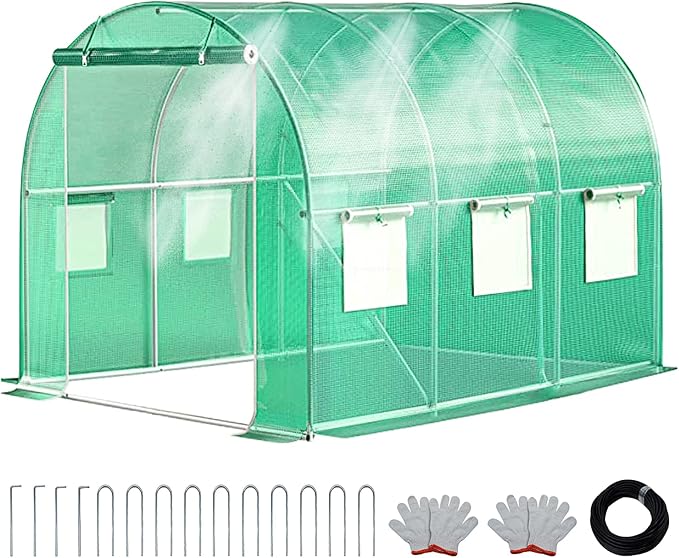 KANAGAWA 10'x7'x 7' Walk-in Tunnel Greenhouse with Watering System Heavy Duty Portable Green House Protect Gardening Plants 1 Zipper Mesh Door, 6 Roll-up Windows, Thickened galvanised Steel,Green