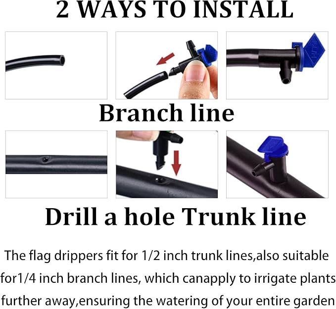 80Pcs 2GPH Drip Emitter Garden Flag Irrigation Drippers, 8L/H Sprinkler System Parts for 4/7mm Tubing, Adjustable Flow for Trees, Shrubs, Lawn, Vegetable Gardens, Blue