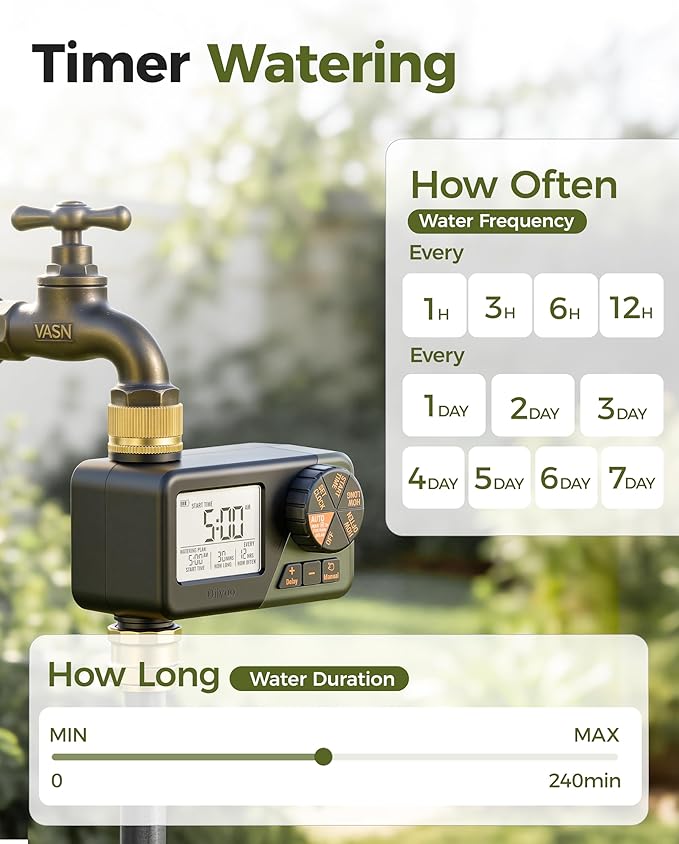 Diivoo Brass Sprinkler Timer, IP66 Waterproof Programmable Hose Timers for Watering with Large Display, Rain Delay & Manual Mode for Outdoor Automatic Irrigation of Garden, Lawn, Yard