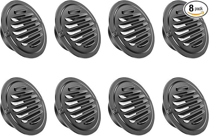 4 inch 8-Pcs Stainless Steel Vent Cover, Black Round Soffit Louver Grille Exhaust Cover, Built-in Mesh Screen, Suitable for Vent Places Such as Kitchen, Bathroom, etc (4 inch Black Cover 8Pcs)