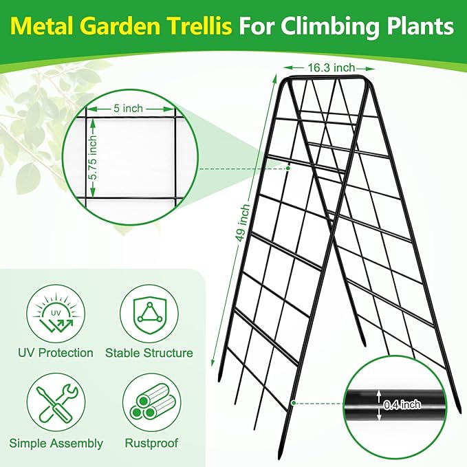 2 Pack 49"x16.3" Adjustable Garden Trellis for Climbing Plants Outdoor, Heavy Duty Rust-Proof Metal Cucumber Trellis A Frame Trellis for Raised Bed Pea Tomatoes Grape Vegetables