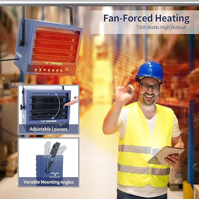TEMPWARE 7500Watt Electric Garage Heater, Digital Ceiling Mount Fan-Forced Shop Heater with Full-Function Remote, 240-Volt Hardwired Heater with 12-Hour Timer, Ideal for Workshop